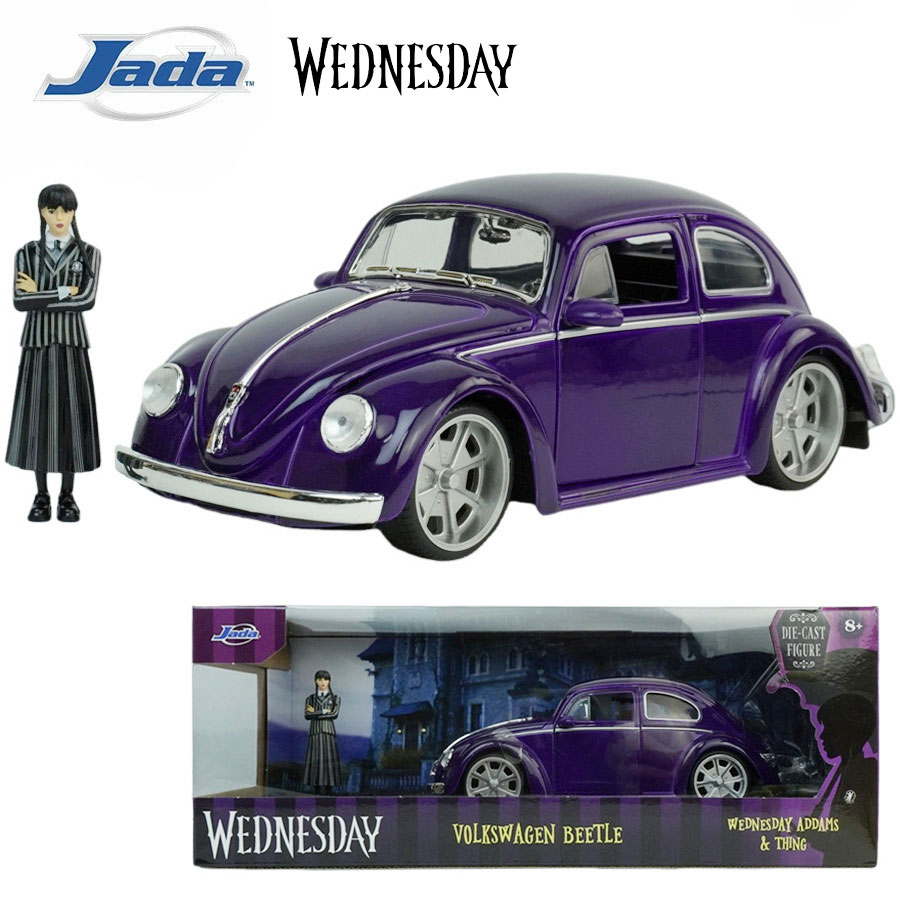 Rakuten - ダイキャスト 1/24 箱入り ミニカーJADA WEDNESDAY VOLKSWAGEN BEETLEウェンズデー シング ハンド フォルクスワーゲン ビートルパープル 紫 PURPLE クラシックカー カスタムキャラクター ネトフリ VW フィギュア付き ゴシック