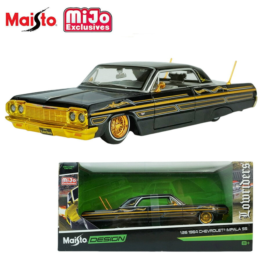 Rakuten - ダイキャスト 1/26 箱入り ミニカーMAISTO DESIGN 1964 CHEVROLET IMPALA SSマイスト インパラSS ローライダーブラック ゴールド BLACK GOLD ワイヤーホイール ピンストライプローライダー アメ車 カスタム チカーノ