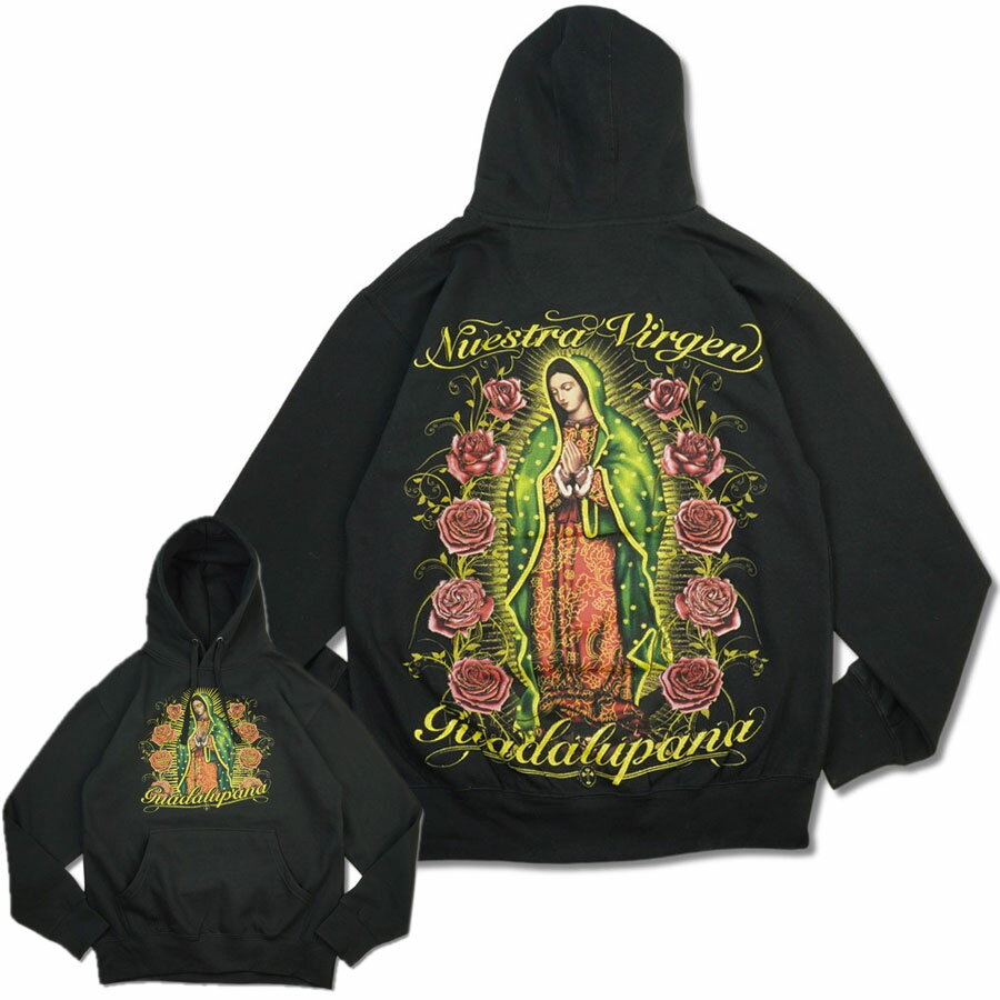 メンズ パーカーGUADA LUPANA NUESTRA VIRGEN HOODIEグアダルーペ プルオーバーフーディーBLACK/GOLD(ブラックゴールド)黒 金 マリア様 PARKA ロサンゼルス ギャングスタチカーノ チカーナ 西海岸 ウェストコースト ウェッサイ HIPHOP