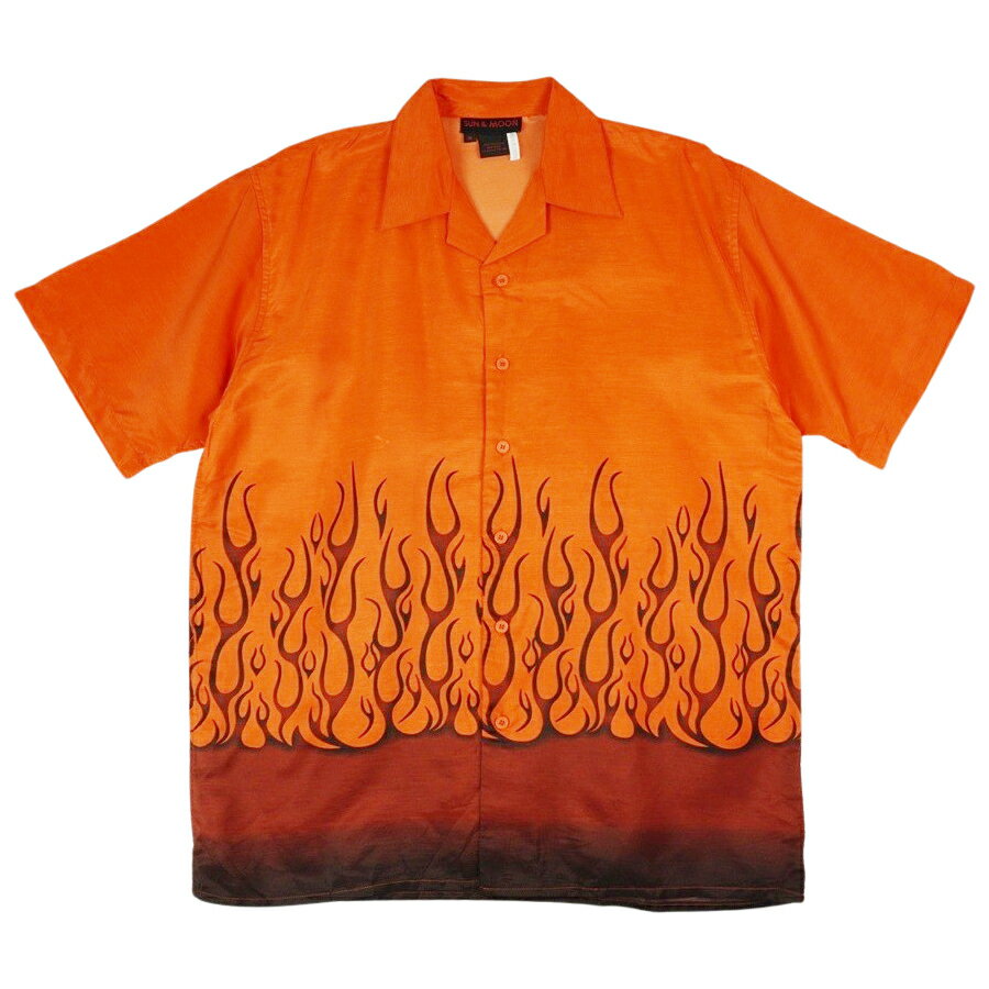 【クリックポスト対応可】メンズ シャツFIRE PATTERN SHIRTファイア パターン シャツORANGE(オレンジ) だいだい 半袖 プリント 炎 ストリート