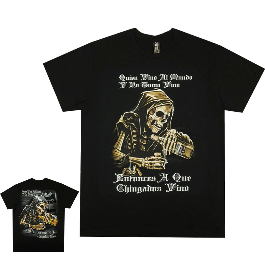 【クリックポスト対応可】メンズ TシャツQUIEN VINO AI MUNDO Y NO TOMA VINO TEEキエン・ヴィノ スケルトンTシャツ黒 BLACK(ブラック) チカーノアートドクロ チカーノアート グアダルーペ WESTSIDE 西海岸 ローライダー
