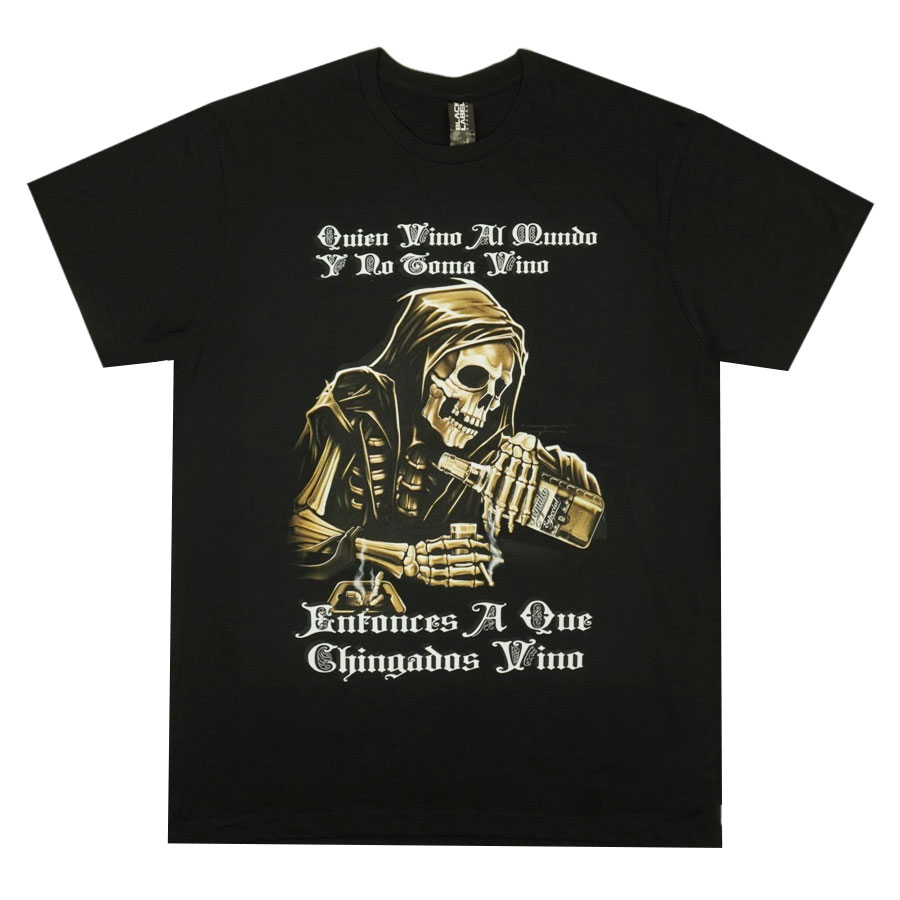 【クリックポスト対応可】メンズ TシャツQUIEN VINO AI MUNDO Y NO TOMA VINO TEEキエン・ヴィノ スケルトンTシャツ黒 BLACK(ブラック) チカーノアートドクロ チカーノアート グアダルーペ WESTSIDE 西海岸 ローライダー