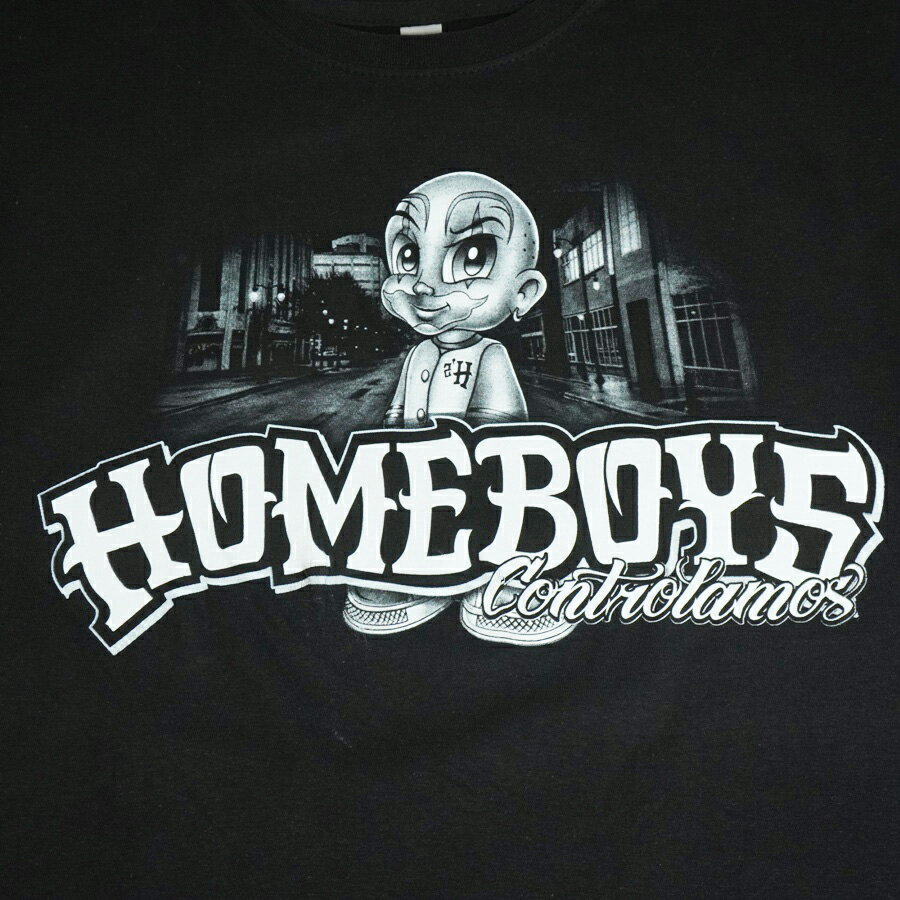 【クリックポスト対応可】メンズ TシャツHOMEBOYS CONTROLSMOS TEEホームボーイズ チカーノ TシャツBLACK(ブラック)両面 黒 WESTSIDE 西海岸 ローライダーウェッサイ 男女兼用 チカーナ キャラクター