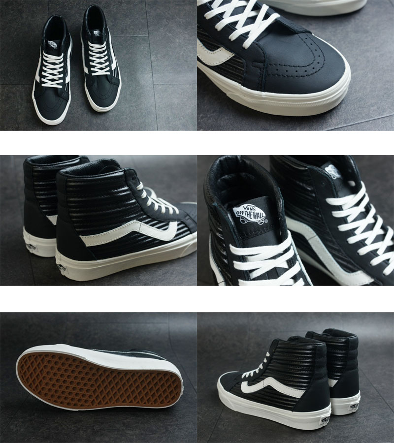 【新入荷】VANS ヴァンズ バンズSK8-HI REISSUEスケートハイ　レイシュー(MOTO LEATHER)BLK/BLCDBLC(モトレザー/ブラック/ブランドゥブラン)レディース　メンズ　靴　スニーカー　ハイカット　スケート　黒　白本革