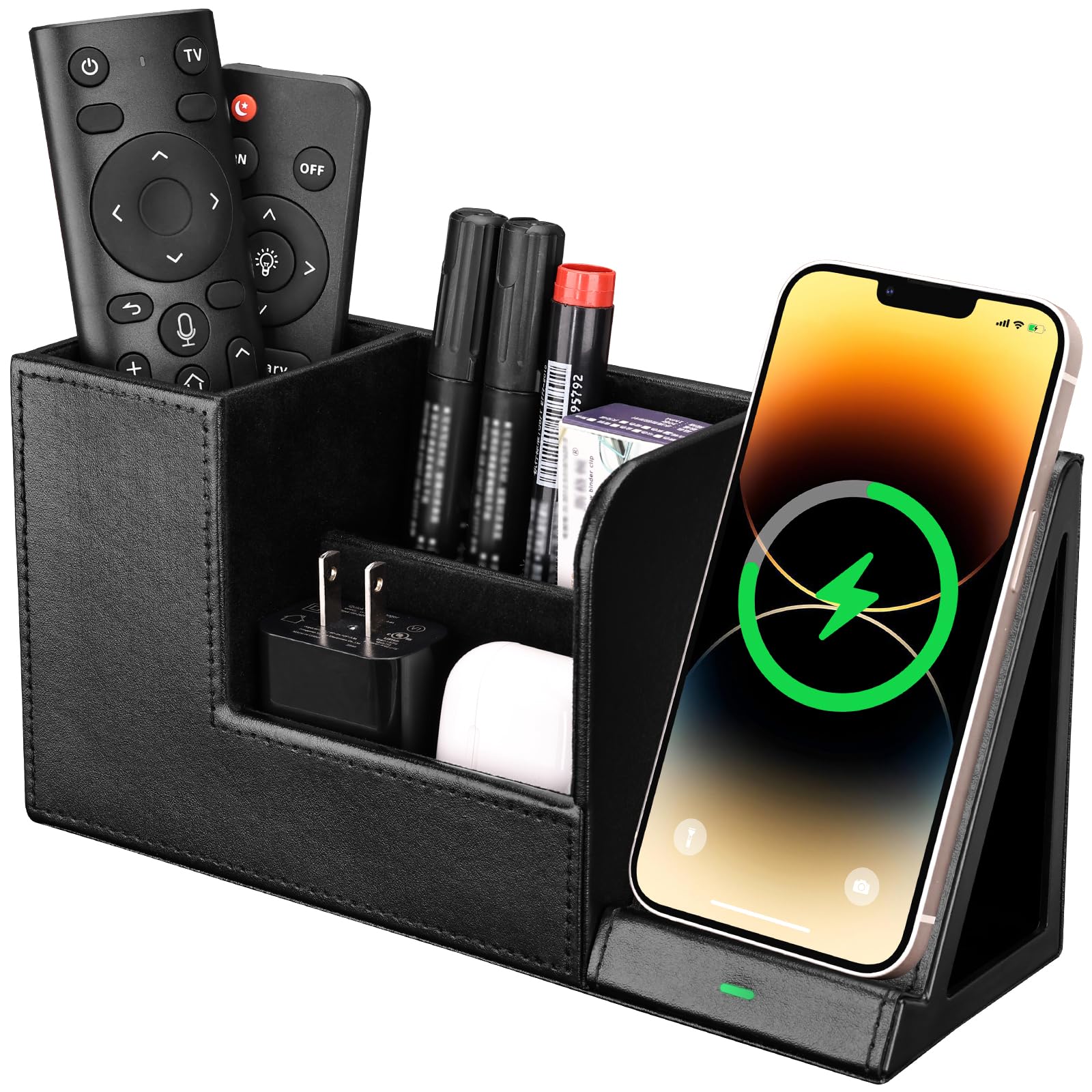 デスクオーガナイザー 充電機能付き PUレザー製 ペン立て おしゃれ 卓上収納 リモコンラック 充電ステーション スマホスタンド デスク収納ボックス 置くだけ充...