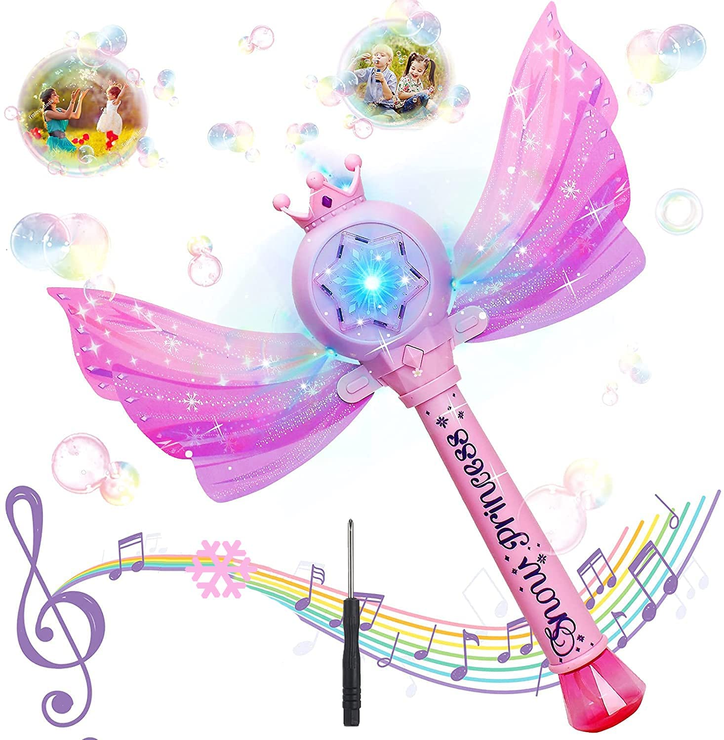 2個セット　ウンチョン シャボン玉 電動 ステッキ 光る 女の子 人気 シャボン玉製造機 バブルマシ-ン 音楽 魔法の杖 ピンク 泡祭り 玩具 子供 誕生日 パーティー ギフト 外遊び アウトドア (六芒星形)