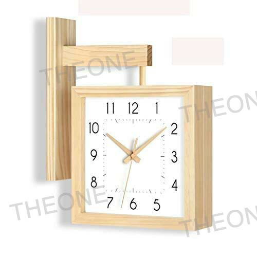 クロック デザイン 時計 壁掛け時計 おしゃれ 木製掛け時計 両面創意クロック 無垢 木製指針 四角い 木製時計 天然木 連続秒針 静音 部