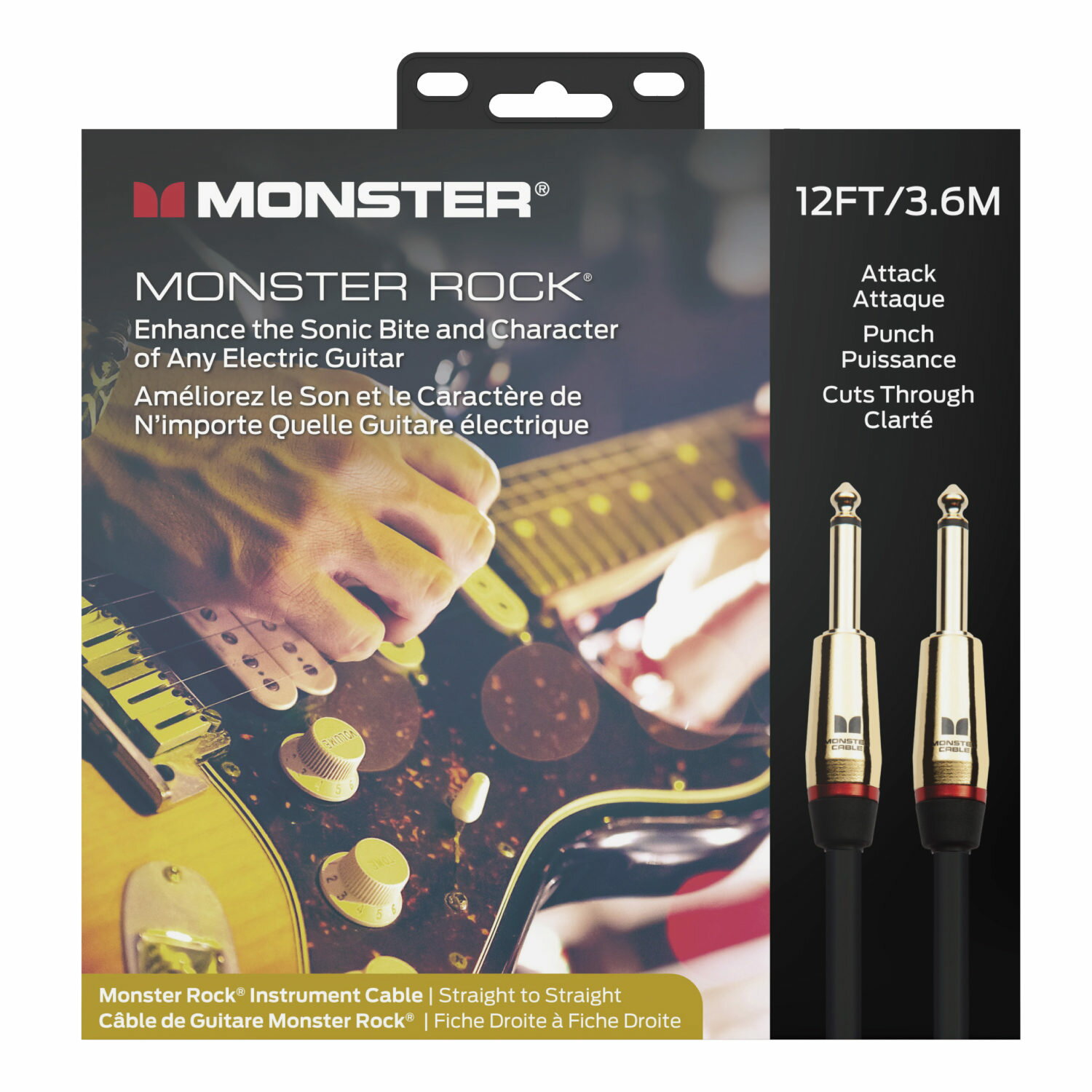 商品情報メーカー名Monster Cable（モンスターケーブル）注意事項モニター発色の具合により、実物とは色合いが異なる場合がございます。Monster CABLE - MONSTER ROCK ギターケーブル SS 3.6m M ROCK2-12 モンスターケーブル 劇的に音質が向上！モンスターケーブル は使ってみると「その違い」が解ります！ モンスターケーブル = 高価な ギターケーブル というイメージがあり、なかなか手が出せずにいるギタリストも多いと思います。確かに「汎用的」な安価なシールドコードでも使えますが音に拘るならこのモンスターケーブルを試してみてください。音の伝達は重要です音が出ればなんでもいいじゃん！って声も耳にします。確かに間違いではありませんが、どうせならギターから出力される信号を余すことなくエフェクターやアンプに伝えたくないですか？このモンスターケーブルの特質するべきポイントは、音のレンジ感、伝達速度や輪郭がまるで違います。モンスターケーブルの構造は一般的なシールドコードとは異なり、独自の特許取得済み「3Way マルチゲージネットワーク構造」を採用しています。シールドケーブルは「単芯」 or 「2芯」が一般的ですが、周波数毎に「伝達速度が異なる」という問題があります。ギターからの信号がシールドコードを通りエフェクターやアンプに到達するのですが、一般的なシールドは、送られてきた信号が低音域から高音域まで順不同に到着する型となります。順番に関係なくバラバラの状態で流れていく為、低密度の音声信号がアンプ等に入っていきます。モンスターケーブルの3Wayマルチゲージネットワーク構造の場合、低音用、中音用、高音用といった「3本の芯線」を採用した事で「伝達速度の統一」が可能となりました。つまり専用の芯線を通ることにより、ピックアップから作り出された低音から高音までの信号が「同じ速度」で流れ、「同じタイミング」でアンプ回路に到着するようになっています。これにより、密度の高い音声信号をアンプ回路に送ることが可能となり、これが伝達速度と輪郭に影響しています。Monster Cable の何がいいの？まず、サウンド全体のダイナミクスレンジが広がり、出ていなかった中域や低域が出力されたりと、根本的なサウンドの品質が向上します。ピッキングへの反応速度も速いです。以下の構造画像の通り、一般的なシールドには無い低域と中高域が専用線となっている事で圧倒的な品質の差が出ています。どのシールドからモンスターに代えるか？にもよりますが一般的な安めのケーブルからのアップグレードの場合 エフェクターか？くらい変わりますので一度試してみてください。 2