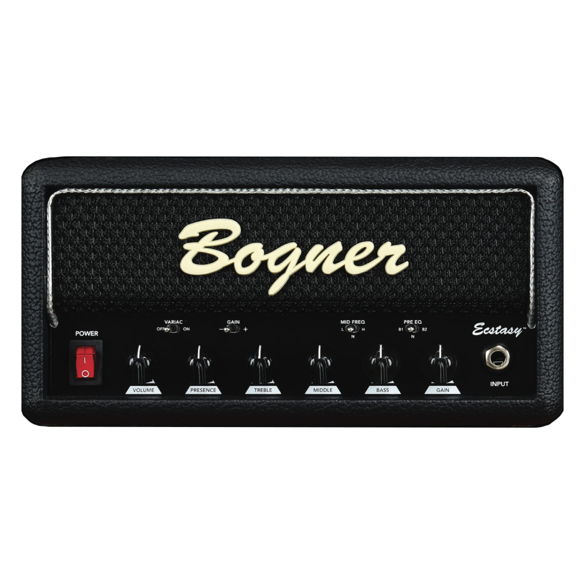 Bogner Ecstasy Mini Head カスタムカラー Black ギターアンプ アンプヘッド ボグナー エクスタシー Bogner エクスタシー ミニヘッド！BlackTolex / BlackGrill / SilverPiping / BlackKnobの特別仕様！ このサウンドは流石ボグナー！ミニヘッド系の中では Friedman BE-Miniヘッドと並び 郡を抜いて音が良いと思います。サウンド志向としては、ペダルエフェクターで絶大な人気のあるEcstacy Blueのサウンドをメインに、密度の濃い歪みが特徴になってます。メインの歪み量を決める「Gainノブ」は、張りのあるクランチからモダンハイゲインまでをカバーし、基本となるEQ (PRESENCE TREBLE / MIDDLE / BASS)で直感的にサウンドメイキングが可能となります。特質すべき所として、各EQノブの可変率が高い(EQの効きが良い)事にあります。通常、ペダル系をモディファイしたヘッドやプリアンプとして使うペダルに付帯するEQは然程大きな可変率を持たない物が多いですが「その辺はさすがBogner」アンプ屋が作るミニヘッドって、こんなに良いんだ！というのが印象として残ります。キャラがガラッと変わる各スイッチ基本EQ以外に、フロントパネルには以下の4つトグルスイッチがあります。これらは、単にLoカットやブーストだけではなく「特定の帯域に作用する」設計になってますので、基本EQノブと組み合わせて使う事で、作り込めるサウンドの幅を格段に広げる事ができます。VARIACVARIACは、サウンド全体にチューブっぽいコンプレッションを与える事ができ、ONにしてVoを持ち上げた時にえられるナチュラルなコンプレッションは「よりアンプライクなテイスト」を演出します。GAINGainスイッチは、サウンド全体をブーストさせる事が可能となり、Ecstacy Redの様なハイゲインモードへの切り替えが可能となります。このGainスイッチですが、一見、サウンドを「ただブーストアップさせるだけ」みたいな印象に囚われがちなんですが、GainスイッチをONにすることで、EQの「特定の帯域」も連動してブーストされますので、ONとOFFの歪み感を「同じ位に設定」したとしても、出力されるサウンドキャラクターは変わります。Gainスイッチ1つ挟むことで、更にバリーションの広い音作りが可能になってます。MID FREQEQノブのMIDDLEと連動したスイッチとなりL / N / H で強調したい帯域を指定する事ができます。Nはニュートラルとなりますが、LとHでガラっとサウンドが変わります。PRE EQB1 / N / B2 (N = ニュートラル) と、基本EQ全体に対してのサウンド変化を作ることが可能です。 2