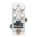 Electro-Harmonix PICO DEEP FREEZE SOUND RETAINER / SUSTAINER エレハモ エレハモ のコンパクトサイズPICO DEEP FREEZE オリジナルのFreezeペダルとSuperegoペダルの中間に位置するのがPico Deep Freeze Sound Retainerです。瞬間のサウンドをフリーズする機能を持つDeep Freezeは、コードや単音を演奏のバッキングとして保持するサステイン・ペダルとして、あるいは通常のギターでは不可能な新しいサウンドを操作するプラットフォームとして機能します。オリジナルのFreezeの能力に加え、Deep Freezeはレイヤー機能、調整可能なアタック/ディケイ・スピード、グリッサンド、専用ボリューム・コントロール、Latch/Moment/Autoの3つのモードを備えたパワフルなペダルです。Deep Freezeは、3つのモード下でサウンドを瞬時にフリーズさせることができます。Latchモードはエフェクトがバイパスされるまでフットスイッチを押すたびにサウンドをフリーズし、Momentモードはフットスイッチを押している間だけサウンドをフリーズします。Autoモードは、スレッショルド以上の信号を感知するたびに自動的にサウンドをキャプチャーし、実質的にフットスイッチの操作なしでフリーズします。これら3つのモードにより、Deep Freezeはどのような演奏スタイルにも難なく対応します。Deep Freezeのコントロールにより、エフェクトの詳細をさらに調整することができます。DRYとEFFECTに分かれたボリューム・コントロールにより、微細なバッキング～ウェット100%まで信号をブレンドすることができます。GLISSは、フリーズ・サウンド間の変化スピードを調整し、別世界のサウンドを作り出します。SPEED/LAYERノブは、MomentモードとAutoモードではエフェクトのアタック/ディケイ・タイムを、Latchモードではレイヤーで重ねる前の音の音量を調整します。SPECS• 入力音を瞬時にキャプチャーしてフリーズ• Latch、Moment、Autoの3つのフットスイッチの動作モードを選択可能• DRYノブとEFFECTノブで各信号の音量を個別にコントロール• MomentモードとAutoモードのアタック/ディケイ・タイムを調整するSPEEDコントロール• 前のレイヤーの音量を調整するLAYERコントロール• フリーズしたサウンド間の変化スピードを設定するGLISSコントロール• 選択可能なバイパス・トポロジーによる柔軟な機能性• JP9.6VDC-200アダプター付属 5