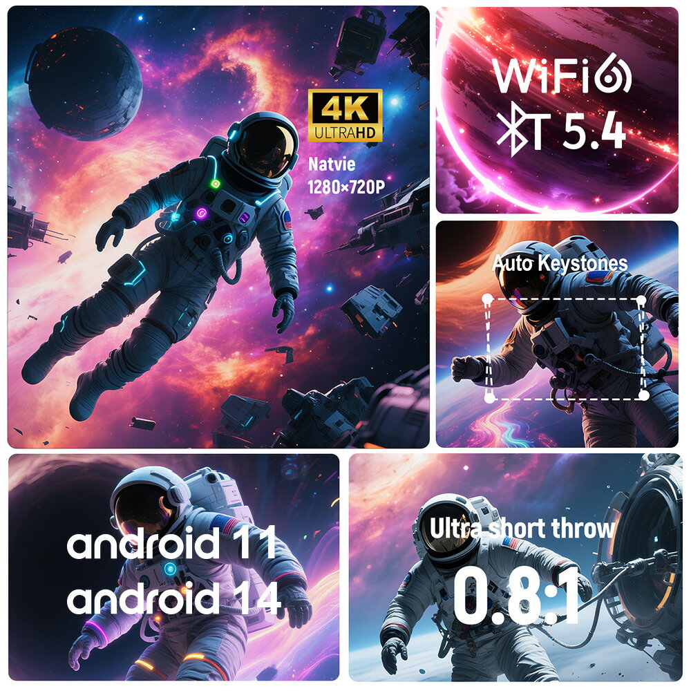 2025年新発売 プロジェクター 小型【270°回転/フルHD1920P/自動調焦】スマートプロジェクター 300ANSI ルーメン Youtube対応 内蔵 Android11搭載 Bluetooth5.4/WiFi6 短焦点 40-130インチ対応 自動台形補正 3Wスピーカー内蔵 多言語対応 ホワイト