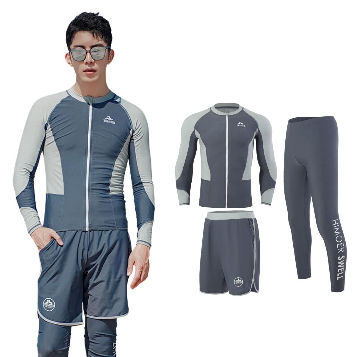 【期間限定3,643円!6/4まで】ラッシュガード メンズ 水着 長袖 フィットネス水着 サーフパンツ レギンス 3点セット 前開き UVカット UPF50+ 接触冷感 吸汗速乾 水陸両用 水泳 サーフィン スイムウエアー