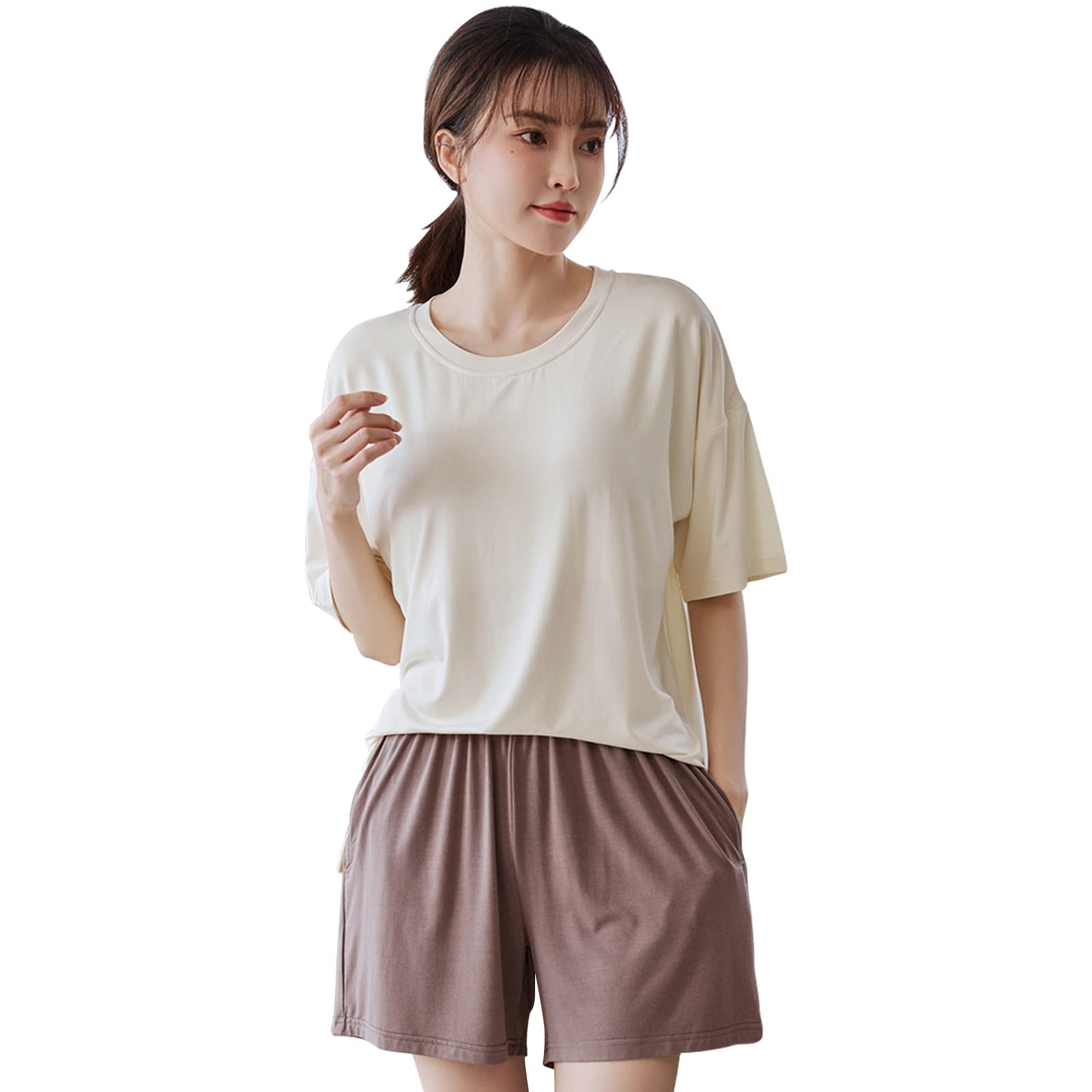 【激安販売中】レディース ルームウェア パジャマ 胸パッド付き 夏 涼しい 薄手 ルーズ ゆったり 半袖 Tシャツ ショートパンツ 短パン 快適 伸縮性 通気性 ソフト 柔らかい モーダル 部屋着 ねまき シンプル 便利服 スウェット 女性 婦人