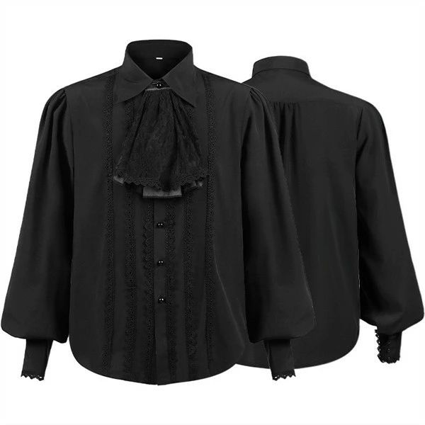 【期間限定3,942円!6/4まで】トップス シャツ メンズ フリルシャツ レース ストラップカフス フリルスタンド 舞台衣装 ステージ衣装 ヨーロッパ中世 貴族 スチームパンク ルネッサンス 無地 皇室 王子 コスプレ 演劇 王子様 貴族 ベスト黒
