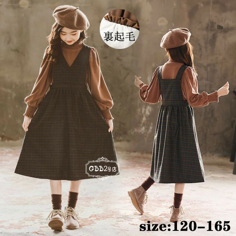 楽天ODA INTERIOR【50％OFFクーポン】韓国こども服 セットアップ 女の子 2点セット 秋冬 厚手 暖かい チェック柄 通学 長袖 アウトドア おしゃれ お出かけ 可愛い ジュニア服 卒園式/入学式/パーティ 120 130 140 150 160 165 tシャツ+ワンピース 裏起毛 あつたか