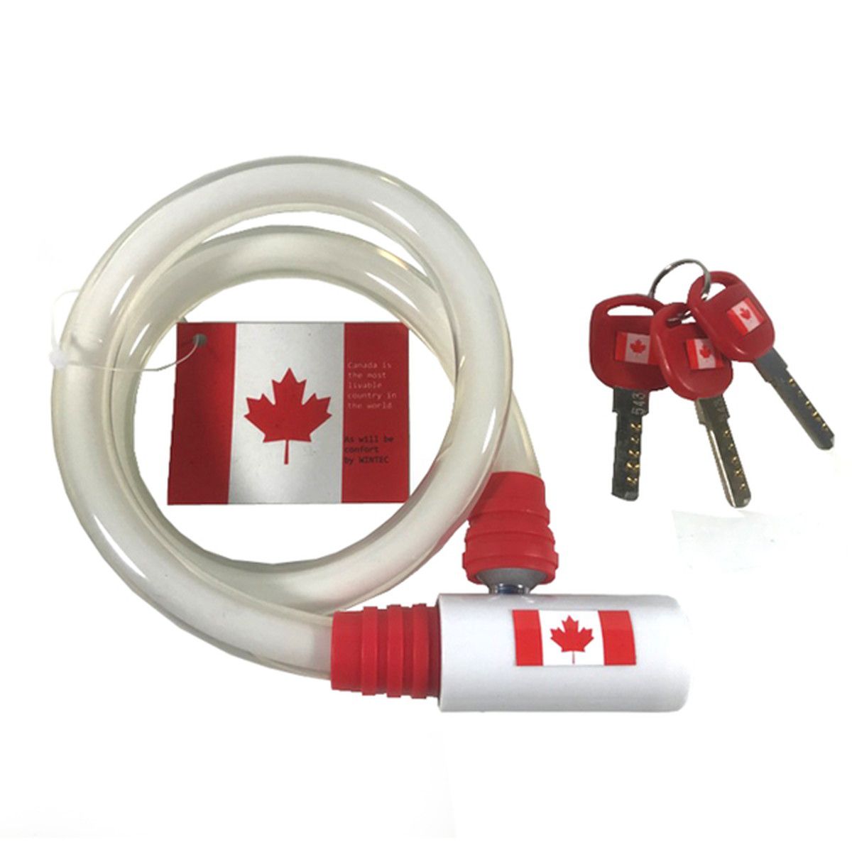 世界で一番住みやすい国「カナダ」の国旗をモチーフにした ワイヤーロック AQUAの特徴 透明感のあるクリアカバー ピッキングされにくいディンプルキー サイズ：φ14×650mm 重量：275g ディンプルキー3本付属