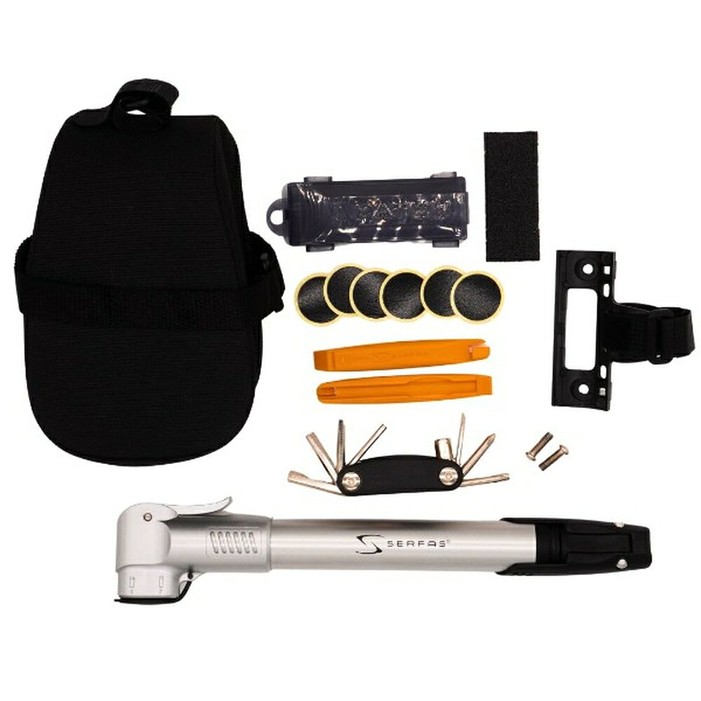 SERFAS サーファス CK-1 コンボキット特徴サイクリングにこれひとつ！必要なものが揃う定番品の安心セット●安心の定番アイテムを厳選したエッセンシャルセット＜BIG STICKミニポンプ＞●米・仏2種類に対応するバルブヘッド●アルミシリンダーで軽いポンピングを実現カラー：シルバー参考重量：185g（ブラケット込み）最大空気圧：100PSI/6.8bar対応バルブ：仏・米素材：アルミ（シリンダー）/樹脂（ハンドル）サイズ：285×30×55付属品：ボトルケージ台座固定用ブラケット/取付ボルト×2＜ミニツール＞参考重量：100gサイズ：68×30×20mm機能：＋ドライバー/T25/ヘキサレンチ（8/6/5/4/3/2.5/2mm）＜パンク修理キット＞●収納ケース横に取り付けて持ち運び可能なスポークフック付きタイヤレバータイヤレバー×2/のり不要シールタイプパッチ×6/紙やすり×1/収納ケース参考重量：35gサイズ：108×50×19mm＜サドルバッグ＞●リフレクター付き●リアライトを装着可能なベルトループ装備参考重量：108gサイズ：170×110×75mm（拡張時170×110×140mm仕様■JAN：0713835001967■参考重量：428g注意点※商品のスペックやデザイン等、仕様は予告なく変更される場合がございます。予めご了承ください。