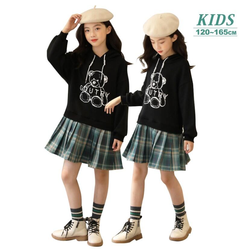 フード付きスウェットワンピース 子供ワンピース シンプル ブラック こどもドレス ピアノ キッズ服 子供服 キッズワンピース 春 秋 冬 カジュアル クリスマス...