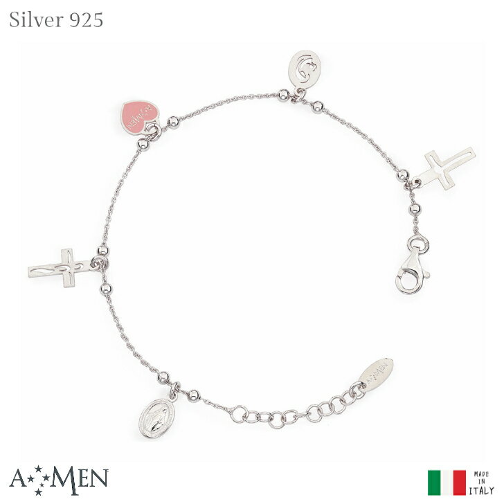AMEN クロス 不思議のメダイ チャーム ハート ブレスレット ピンク シルバー イタリア製