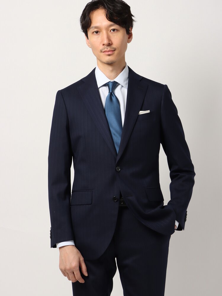 【SALE価格】WEB限定 メンズ スーツ ツーピーススーツ ジャケット シングルブレスト テーパードパンツ パンツ ボトムス 洗える ウォッシャブル ストレッチ 2つボタン ピンストライプ ストライプ CH22 ネイビー系 スーツスクエア タイト スリム ビジネス オフィス フォーマル