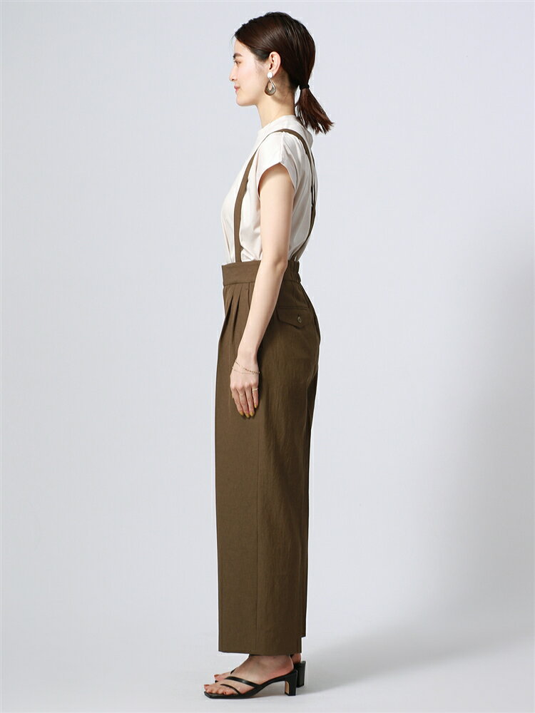 【10%OFF&ポイント2倍】ハンドウォッシュ コットンリネンリネンバイオヴィンテージツイル サスペンダー付きワイドパンツ ブラウン ホワイト・ザ・スーツカンパニー