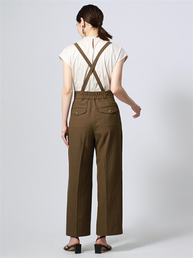 【10%OFF&ポイント2倍】ハンドウォッシュ コットンリネンリネンバイオヴィンテージツイル サスペンダー付きワイドパンツ ブラウン ホワイト・ザ・スーツカンパニー