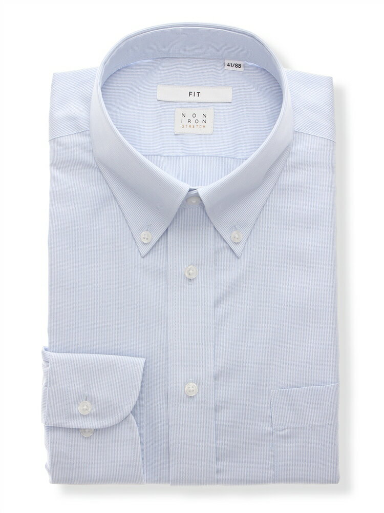 ワイシャツ メンズ 長袖 形態安定 ストレッチ 3BLOCK ボタンダウンカラー FIT ドレスシャツ サックスブルー スーツスクエア ザ・スーツカンパニー