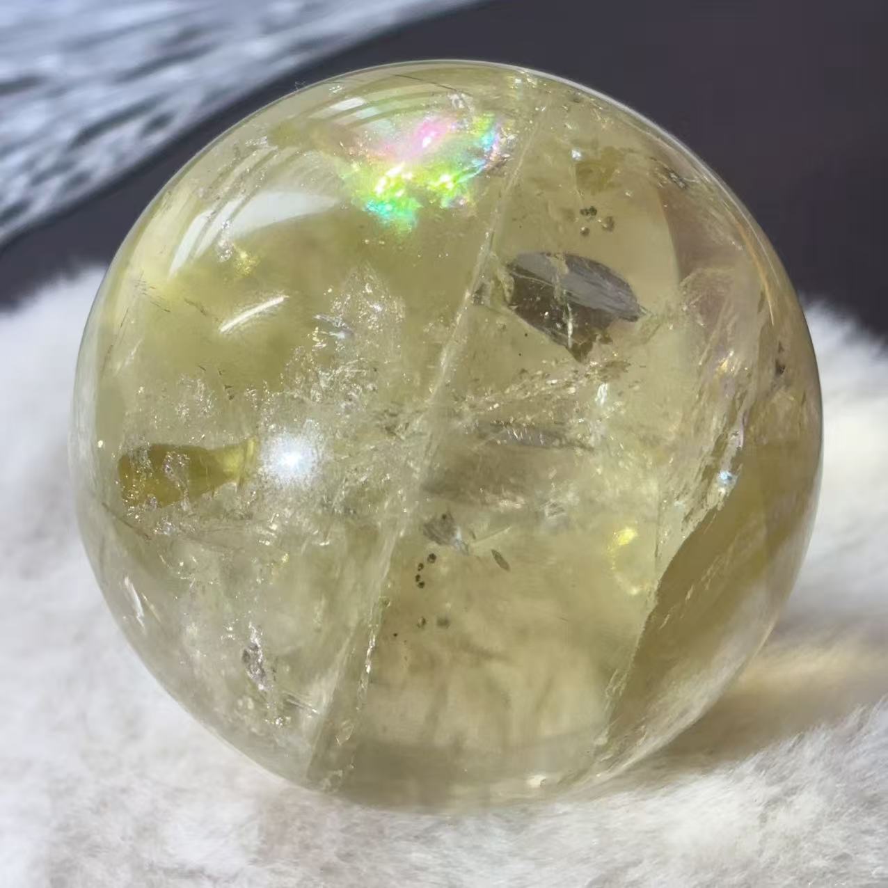 レア 天然石 パイライト イン シトリン スフィア 本水晶 虹水晶 レインボー 虹 59.1mm No591