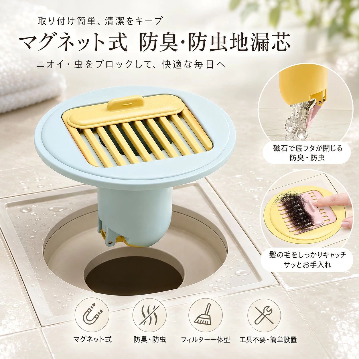 防臭 排水口カバー 排水口ゴミ受け 排水口トラップ 地漏芯 磁気密閉 防臭芯 排水口フィルター ヘアキャッチャー ゴミキャッチ 排水口 防虫 防逆流 悪臭対策 水回り 洗面所 浴室 洗濯機パン 簡単取付 工具不要 水漏れ対策 排水トラップ 排水口用品 ユ