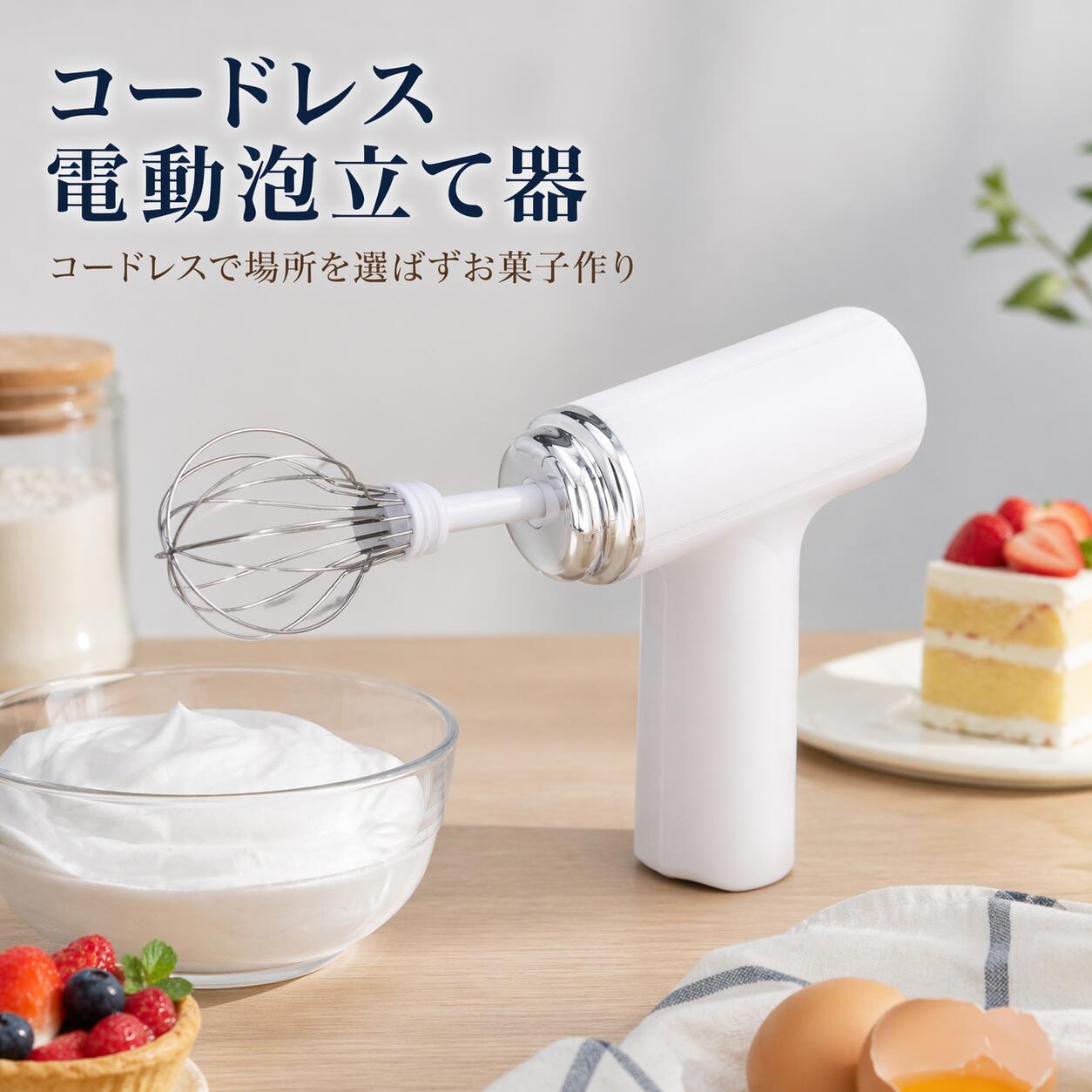 メーカー希望小売価格はメーカーサイトに基づいて掲載しています商品ポイント1. [コンパクトサイズ] 小さくて軽量な設計で、長時間片手で操作しても疲れません。手のひりひり感もありません。2. [3段階の速度] 高速、中速、低速の順で運転する賢い設計がなされています。滑らかなギアシフトと均一なアクセルレーション。3. [2個の交換可能な混合泡立て器] フードニーズに合わせて柔軟に切り替えられます。4. [広範囲に使用] 小半径の卵泡立て器は細かくかき混ぜて飛沫を減らし、ホイップクリーム、バターなどに適しています。5. [コードレスデザイン] 大容量リチウムイオンバッテリーのバッテリー寿命を心配する必要はありません。コードレスデザインで、電源コード不要。Spec:アイテムタイプ：電気卵ビーター製品の材質：ABS、金属バッテリー：内蔵リチウムイオンバッテリー、800mAh。ギア: 3 ギアPackage List:1 x 電動卵ビーター2 x ミキシング泡立て器1 x 充電ケーブル1 x ユーザーマニュアルご注意手動測定による1~2cmの誤差を許容してください。ご理解いただきありがとうございます撮影の為、画質等の関係上、色などが実際の商品と若干違ってしまうこともあるかもしれませんがご理解のほどご入札ください。予めご了承ください。製造時期によりデザインや仕様に若干の変更がある場合がございます。 予めご了承ください。＊色がある場合、モニターの発色の具合によって実際のものと色が異なる場合がある