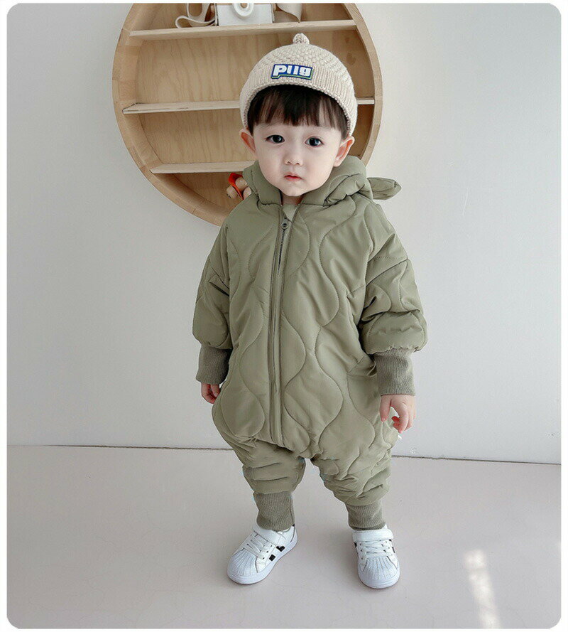 Rakuten - 【楽天スーパーSALE 50%OFF】裏起毛 雪遊び ジャンプスーツ ベビー 高品質 カバーオール キッズ くま耳フード付き 男の子 女の子 ロンパース 新生児 可愛い あったかい 子供服 アウター 中綿 韓国風防寒着 普段着 通学