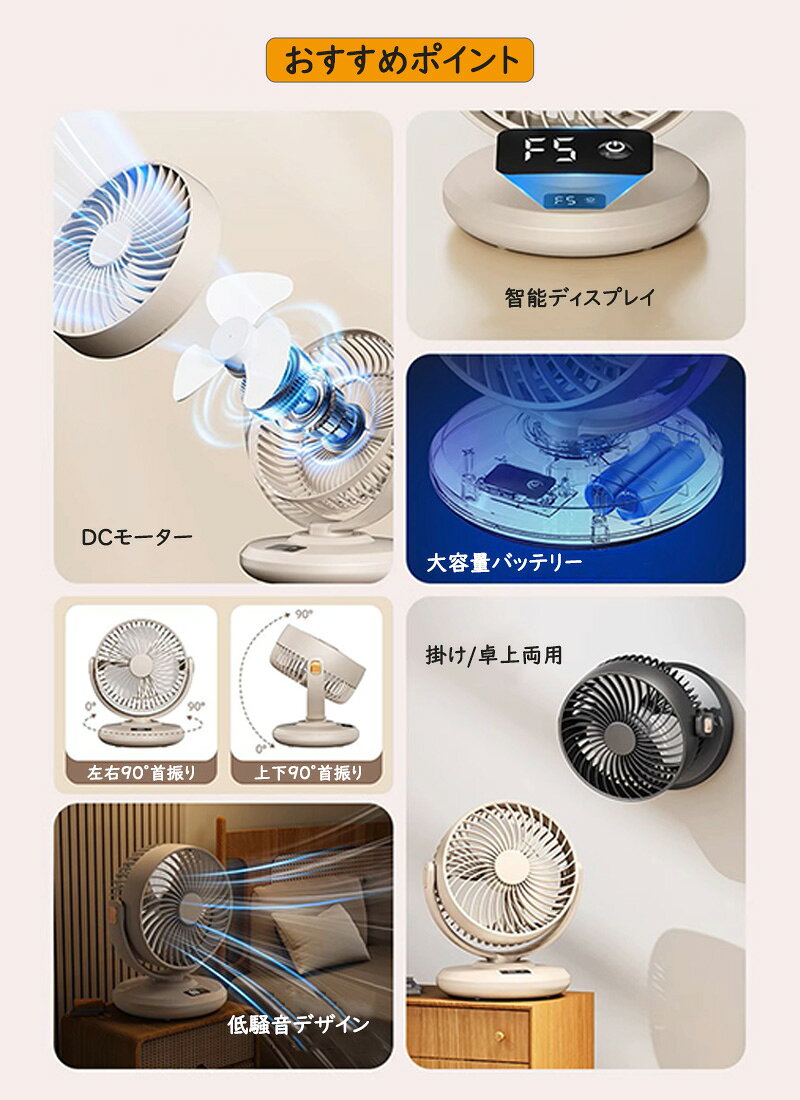 卓上扇風機 壁掛け扇風機 360°回転＋左右首振り 大風力 小型 角度調整 洗える 分解...