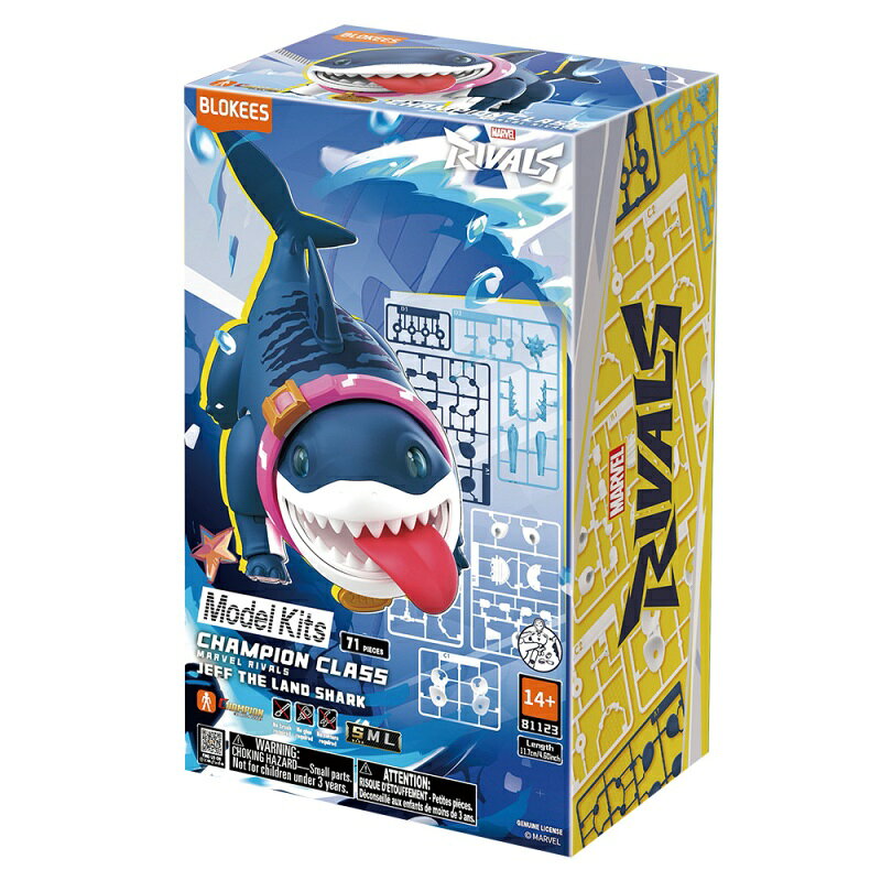 BLOKEESBlokeesからのお知らせBlokeesマール Rivals - ジェフザランドシャークCC12 81123(C) MARVEL商品名Blokeesマール Rivals - ジェフザランドシャークCC12 81123税抜価格SB2,500円入り数BOX1PCSCT6PCS/CTN種類数1商品サイズ高さ約6cmJAN4570164011274CBサイズ150×90×250mmCTNサイズ315×285×275mm製品素材ABS樹脂カートン入数6個発売予定日-締切-対象年齢14+原産国中国価格や発売日などは告知なく変更される場合があります。予めご了承くださいませ。商品情報 (付属品など)本体パーツ一式 ×1交換用フェイスパーツ / 交換用表情パーツ専用ディスプレイパーツ説明書電池不要パーツ数：71pcs接着剤不要塗装不要商品紹介『Marvel Rivals』より、SNSでも人気急上昇中のキャラクター「ジェフザランドシャーク」がチャンピオンクラスに登場。かわいらしい見た目とコミカルな表情を、ブロッキーズならではの高精度造形で再現。最大の特徴は、多彩な表情変更ギミック。交換用フェイスパーツにより、笑顔舌出しコミカル表情など、ジェフならではの魅力を自由に楽しめる。さらに、ウォーターエフェクトパーツが付属。水を噴き出すアクションシーンを再現でき、ディスプレイ映えも抜群。コンパクトサイズながら22箇所の可動ポイントを搭載。ポージングや角度調整によって、かわいさと躍動感を両立。パーツ数：71pcs接着剤不要塗装不要組み立てる楽しさを届ける株式会社Blokeeswww.blokees.jp(C) 2025 BLOKEES / MARVEL. All Rights Reserved.BLOKEESBlokeesからのお知らせBlokeesマール Rivals - ジェフザランドシャークCC12 81123(C) MARVEL商品名Blokeesマール Rivals - ジェフザランドシャークCC12 81123税抜価格SB2,500円入り数BOX1PCSCT6PCS/CTN種類数1商品サイズ高さ約6cmJAN4570164011274CBサイズ150×90×250mmCTNサイズ315×285×275mm製品素材ABS樹脂カートン入数6個発売予定日-締切-対象年齢14+原産国中国価格や発売日などは告知なく変更される場合があります。予めご了承くださいませ。商品情報 (付属品など)本体パーツ一式 ×1交換用フェイスパーツ / 交換用表情パーツ専用ディスプレイパーツ説明書電池不要パーツ数：71pcs接着剤不要塗装不要商品紹介『Marvel Rivals』より、SNSでも人気急上昇中のキャラクター「ジェフザランドシャーク」がチャンピオンクラスに登場。かわいらしい見た目とコミカルな表情を、ブロッキーズならではの高精度造形で再現。最大の特徴は、多彩な表情変更ギミック。交換用フェイスパーツにより、笑顔舌出しコミカル表情など、ジェフならではの魅力を自由に楽しめる。さらに、ウォーターエフェクトパーツが付属。水を噴き出すアクションシーンを再現でき、ディスプレイ映えも抜群。コンパクトサイズながら22箇所の可動ポイントを搭載。ポージングや角度調整によって、かわいさと躍動感を両立。パーツ数：71pcs接着剤不要塗装不要組み立てる楽しさを届ける株式会社Blokeeswww.blokees.jp(C) 2025 BLOKEES / MARVEL. All Rights Reserved.