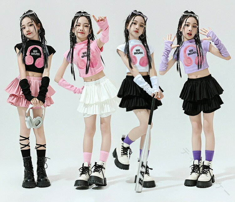 女の子 ジャズダンス 服 4点セット カラフル イヤホン プリント チアガール へそ出し Tシャツ 半袖 スカート 上下セット ヒップホップ 服 子供服 キッズダンス 服 舞台 衣装 発表会 演出服 コスチューム 団体服 キラキラ 普段着 イベント ステージ 衣装(4.0)