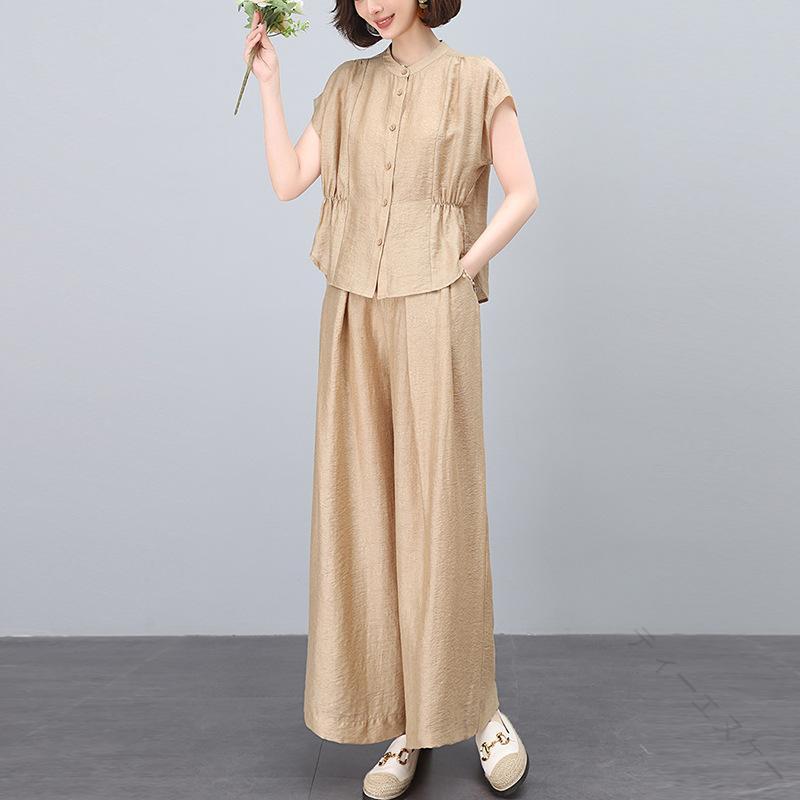 Rakuten - セットアップ レディース 天竺 レイヨン 混 接触冷感 長ズボン ワイドレッグパンツ ロングパンツ トップス 半袖 三分袖 ポケット 切り替え ゆったり ルーズ スリムライン かわいい 気品
