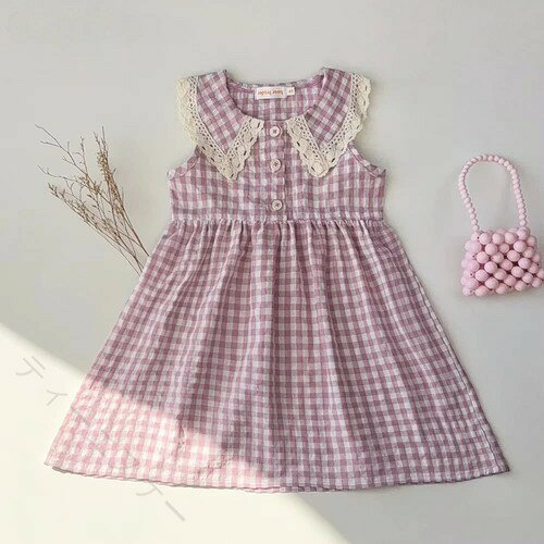 子ども服 女の子 ワンピース ギンガムチェック レース ノースリーブ 襟付き 韓国風 夏服 かわいい おしゃれ 旅行 お呼ばれ 涼しい 紫 レトロ ヴィンテージ ハイウエスト ロング丈 キッズ