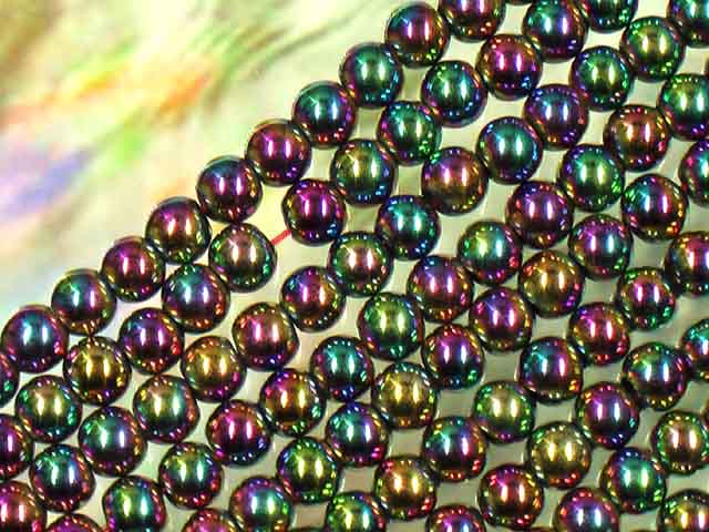 天然石ビーズヘマタイト 磁気入り丸玉4mm カラータイプオーロラカラー（オーロラ色）1連 約40cm