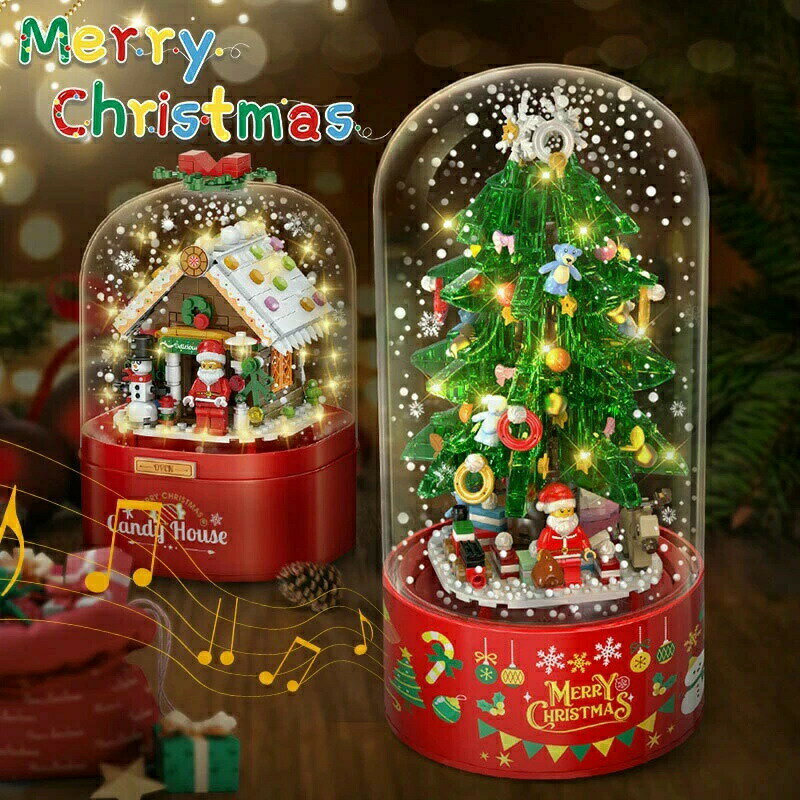 クリスマスツリー お菓子の家 オルゴール スノードーム ブロック 629pcs /298pcs 知育玩具 インテリア 飾り おもちゃ 雪だるま 組み立て ダストカバー付き 室内 大人 子供 小学生 男の子 女の子