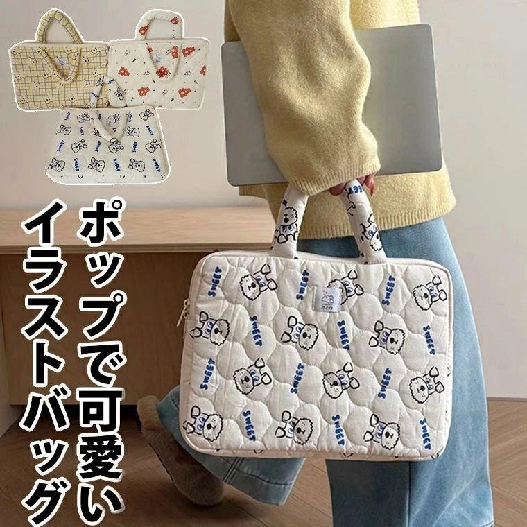 ポップなイラストがナチュラル可愛い ふんわり軽量 キルティング 花刺繍 カメリア かわいい 手提げ バッグ タブレットケース PCケース レディース キッズ パソコンケース iPadケース おしゃれ 学生 通学 お洒落 北欧 韓国 プチプラ