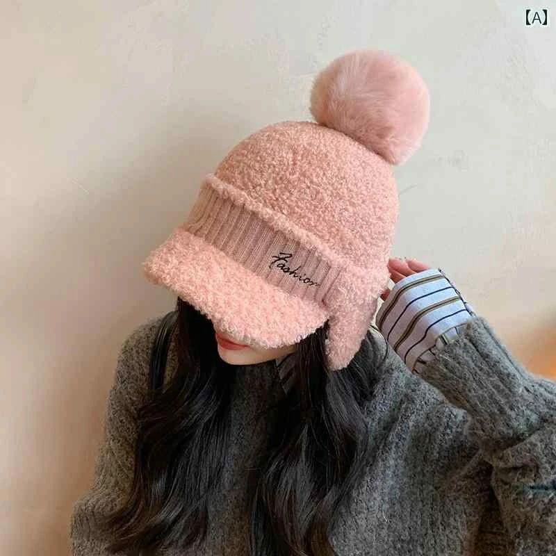 Knit Hat - フードウォーマー レディース 秋冬 帽子 つばあり 耳あて あったか 厚手 防寒 もこもこ アウトドア サイクリング ウール かわいい 英字 ピンク カーキ 黒