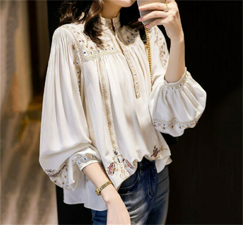 Rakuten - ブラウス レディース きれいめ 40代 春夏秋新作 オシャレブラウス シフォン シャツ パフスリーブ 長袖トップス 大人 OL 通勤OL ゆったり シャツ30代 50代 韓国風 民族風 ホワイト