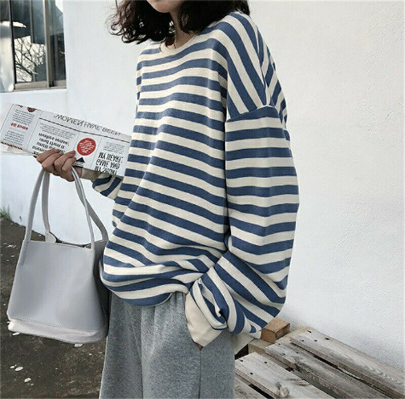 Rakuten - Tシャツ レディース トップス オシャレ 長袖 春秋 ボーダー きれいめ カジュアルウエア 大きいサイズ 韓国風 着痩せ 大人 パーカー ゆったり 2色