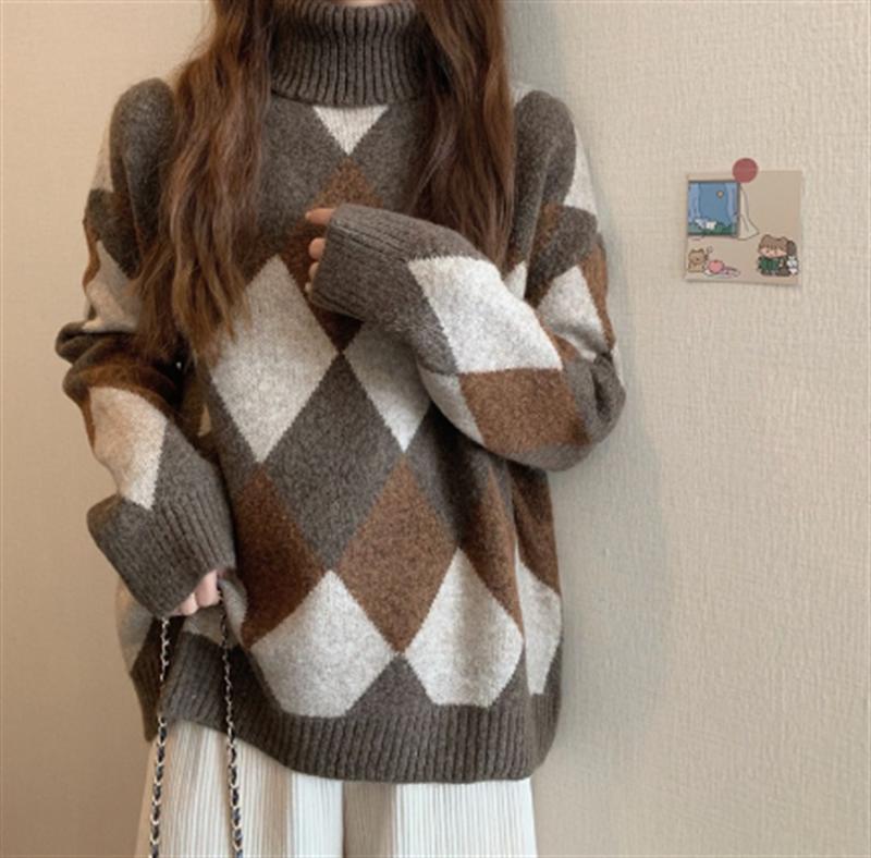 Long-Sleeved Knit - ニットセーター レディース 秋冬 長袖 菱格 ハイネック セーター メリヤス トップス カットソー ニットウェア おしゃれ きれいめ 大きいサイズ 暖かい 通勤 大人 上品 着痩せ 20代 30代 40代 50代 韓国風