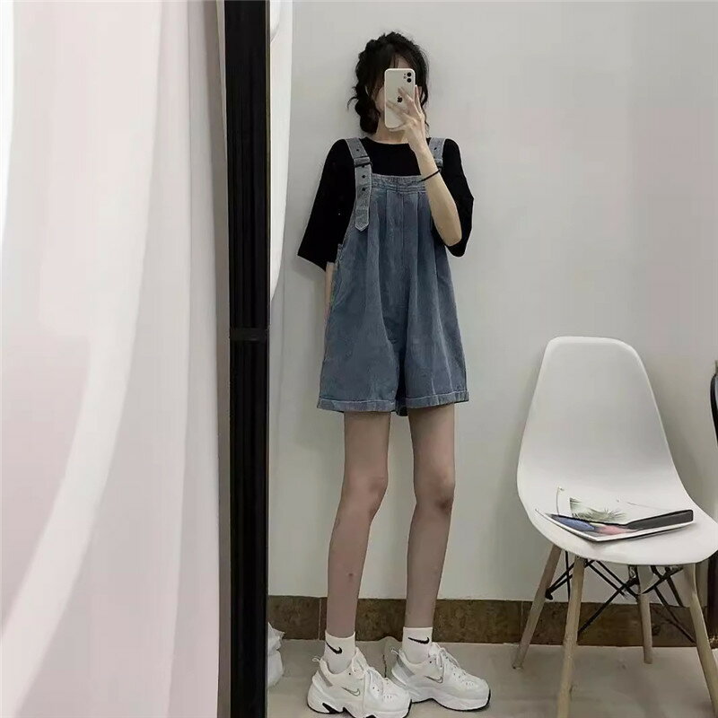 サロペット ハーフパンツ デニム オールインワン 送料無料 ショートパンツ 無地 シンプル ゆったり デニムサロペット オーバーオール 体型カバー ボトムス ポケット付き レディース 学生 春夏 オーバーオール