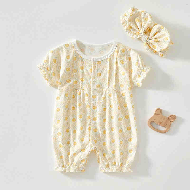 ベビー服 ロンパース 半袖 綿 ヘアバンド付き 子供服 女の子 春 夏 子ども服 新生児 赤ちゃん カバーオ..