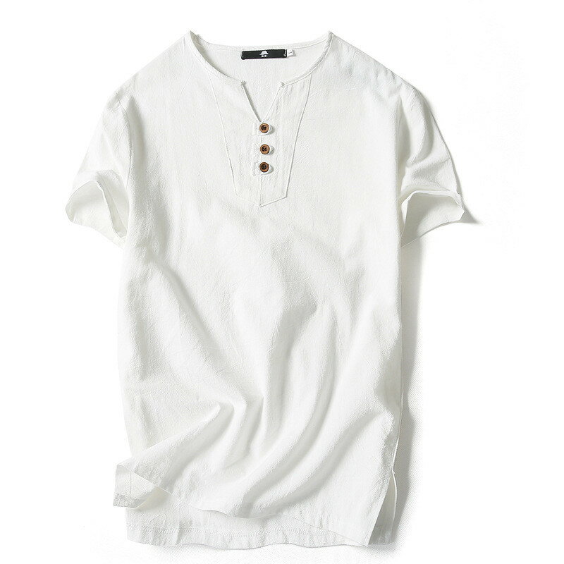Rakuten - Vネック 通気性 夏 リネンシャツ 綿麻 おしゃれ Vネック Tシャツ リネンシャツ ヘンリーネック 麻 リネンTシャツ 綿麻 綿麻シャツ トップス 半袖シャツ ボタン 部屋着 ルームウェア リネンTシャツ 大きいサイズ 黒 メンズ