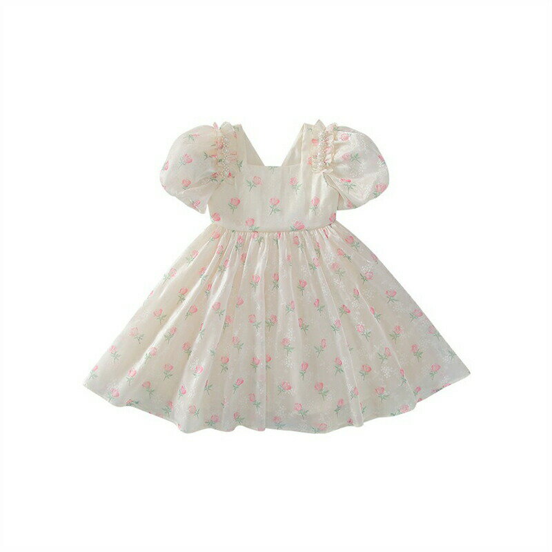 キッズドレス 半袖 花柄 チュール ワンピース 女の子 夏 キッズ 後ろリボン スクエアネック パフスリーブ ドレス フォーマル 夏服 子ども服 フレア ピアノ 発表会 結婚式 ガールズ ジュニア おしゃれ かわいい 七五三 90 100 110 120 130 140cm