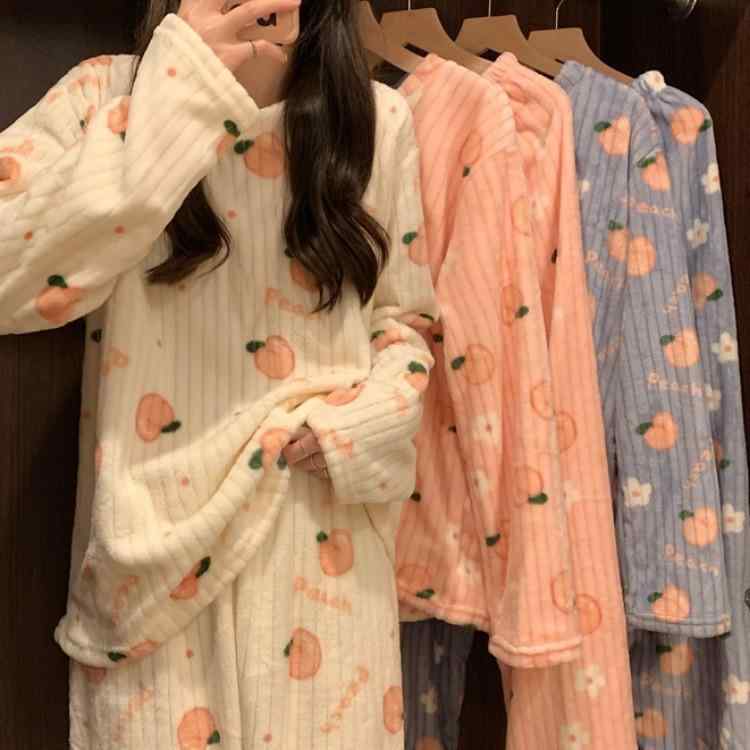 樂天商城 - ルームウェア ノー 部屋着 ルームウェア ノー 部屋着 コーラル ベルベット パジャマ レディース 冬 暖かい かわいい フランネル ホームウェア ツーピース ファッション ロング パジャマ セット