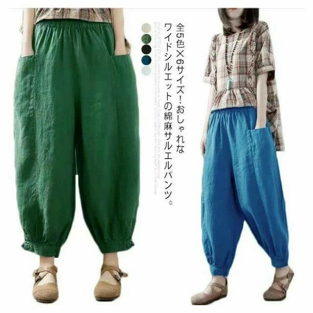乐天商城 - パンツ ウエストゴム レディース サルエルパンツ サルエル アラジンパンツ リネンパンツ ワイドパンツ 全5色&6サイズ！綿麻 バルーンパンツ 全5色&6サイズ！綿麻 パンツ カジュアル 夏 秋 ボトムス 大きいサイズ ナチュラル 無地 薄手