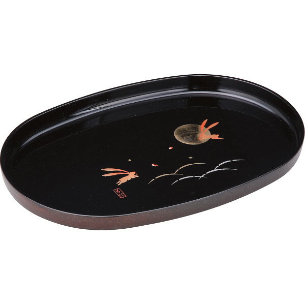 紀州塗 月とうさぎ 尺4長手盆 黒 26525 【STS230238077】